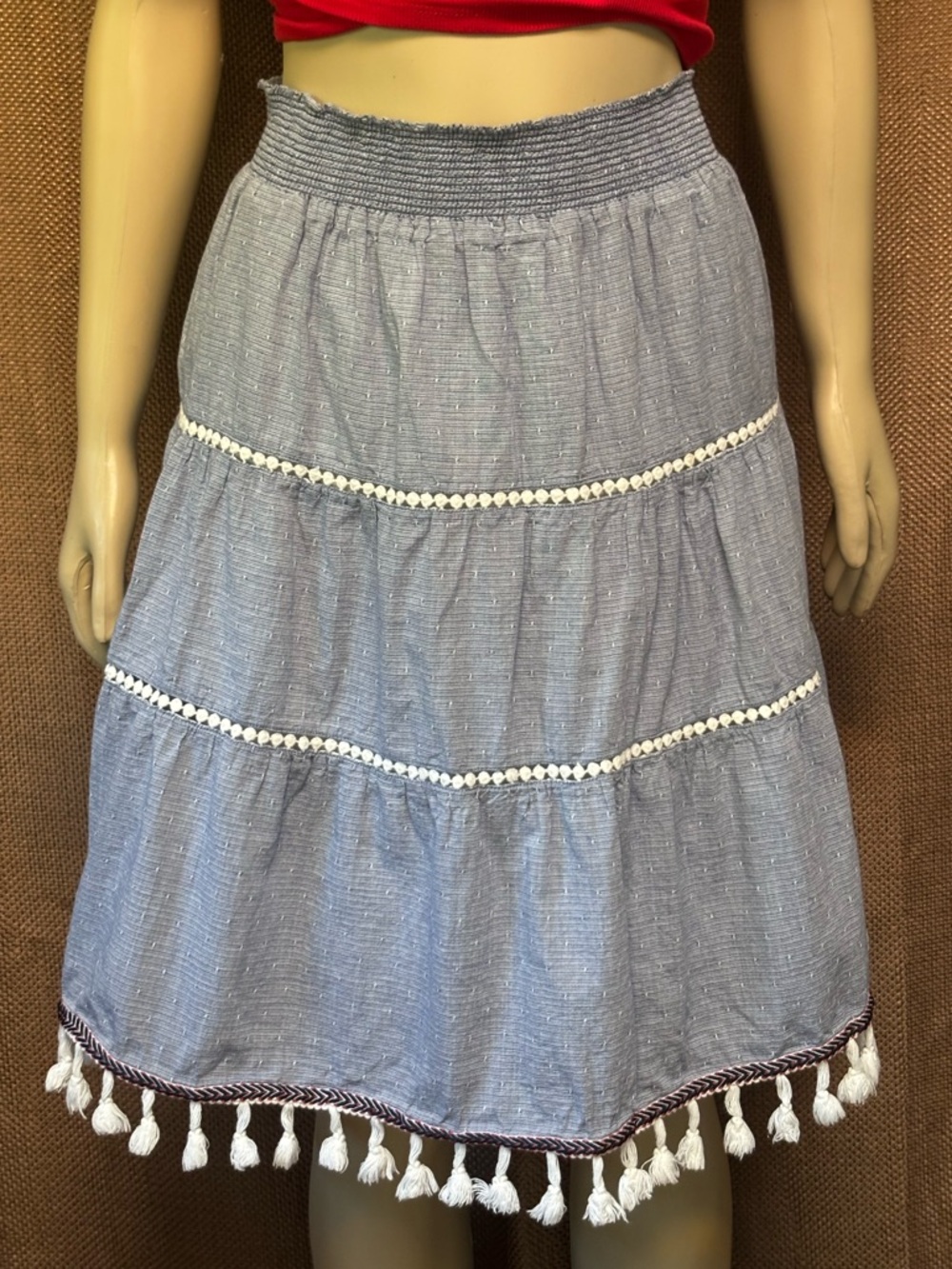Studio West Light Blue Tiered Tassel-Hem Midi Skirt